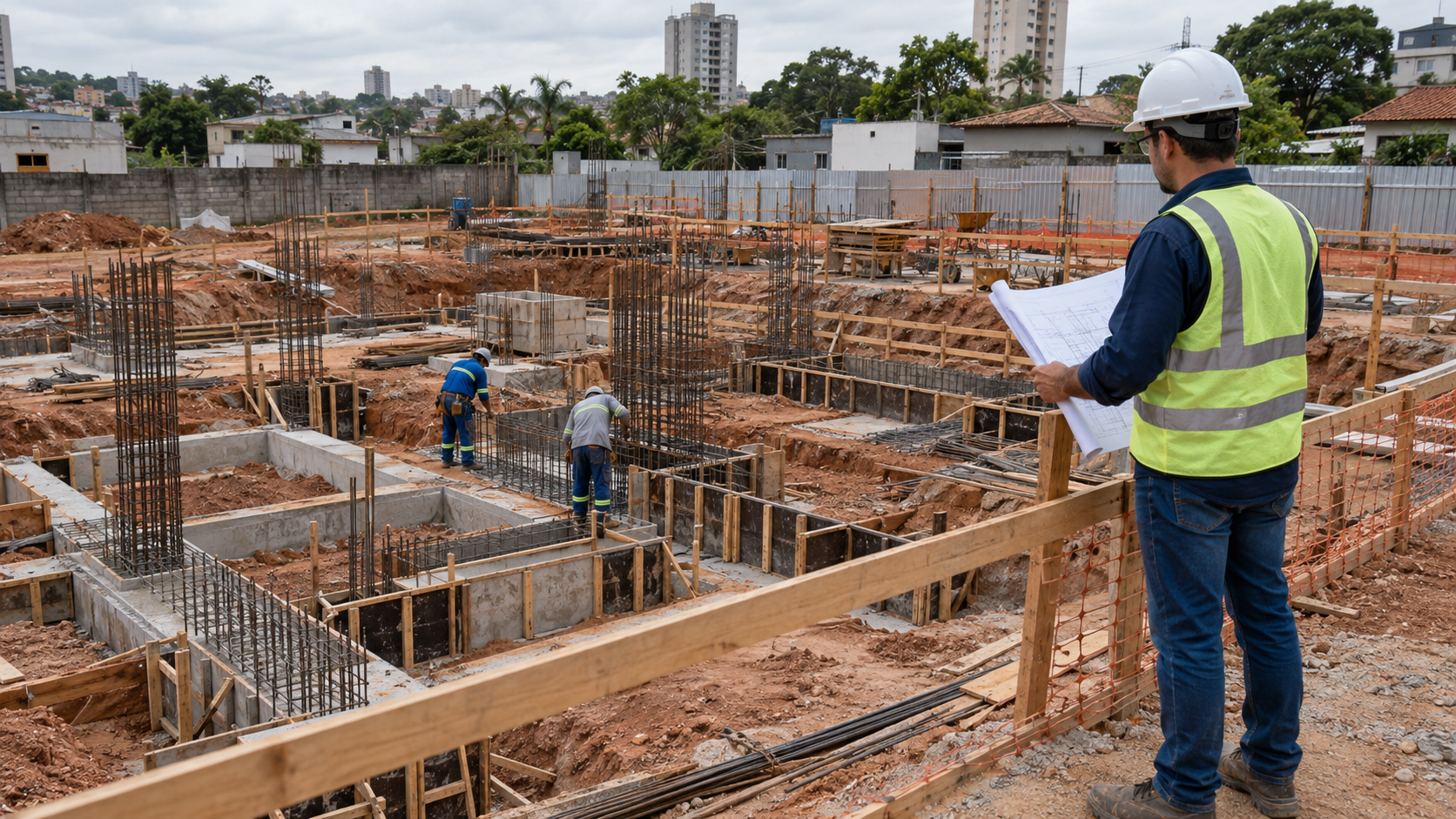 Profissional com planta acompanha obra na etapa de fundações, com trabalhadores e armações de aço.