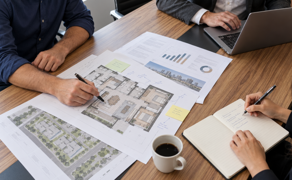 Profissionais analisam uma planta arquitetônica sobre a mesa.
