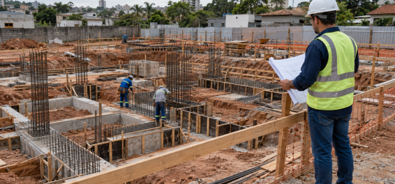 Profissional com planta acompanha obra na etapa de fundações, com trabalhadores e armações de aço.